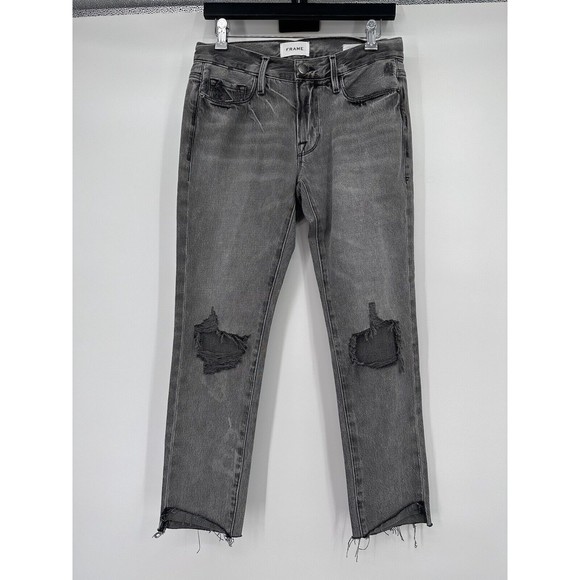 FRAME Denim Jeans Women's Size 23 Black Le Garcon Crop Straight Raw Hem Ankle‎ - Picture 4 of 10